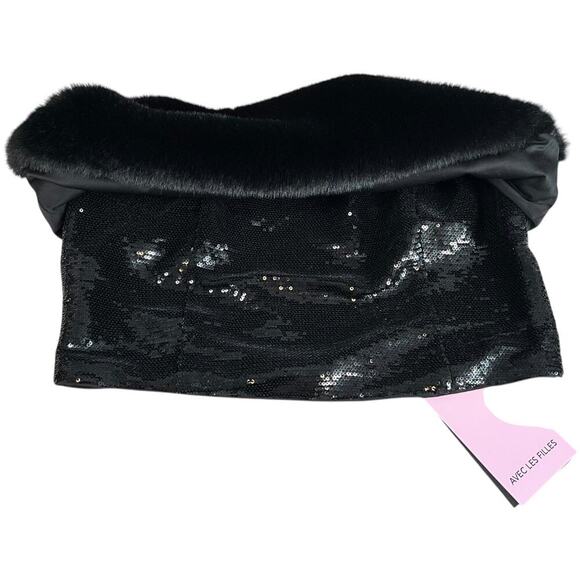 AVEC LES FILLES Crop Top NWT Black on Black Zip Sequin Bottom Faux Fur Top Large - Picture 4 of 13